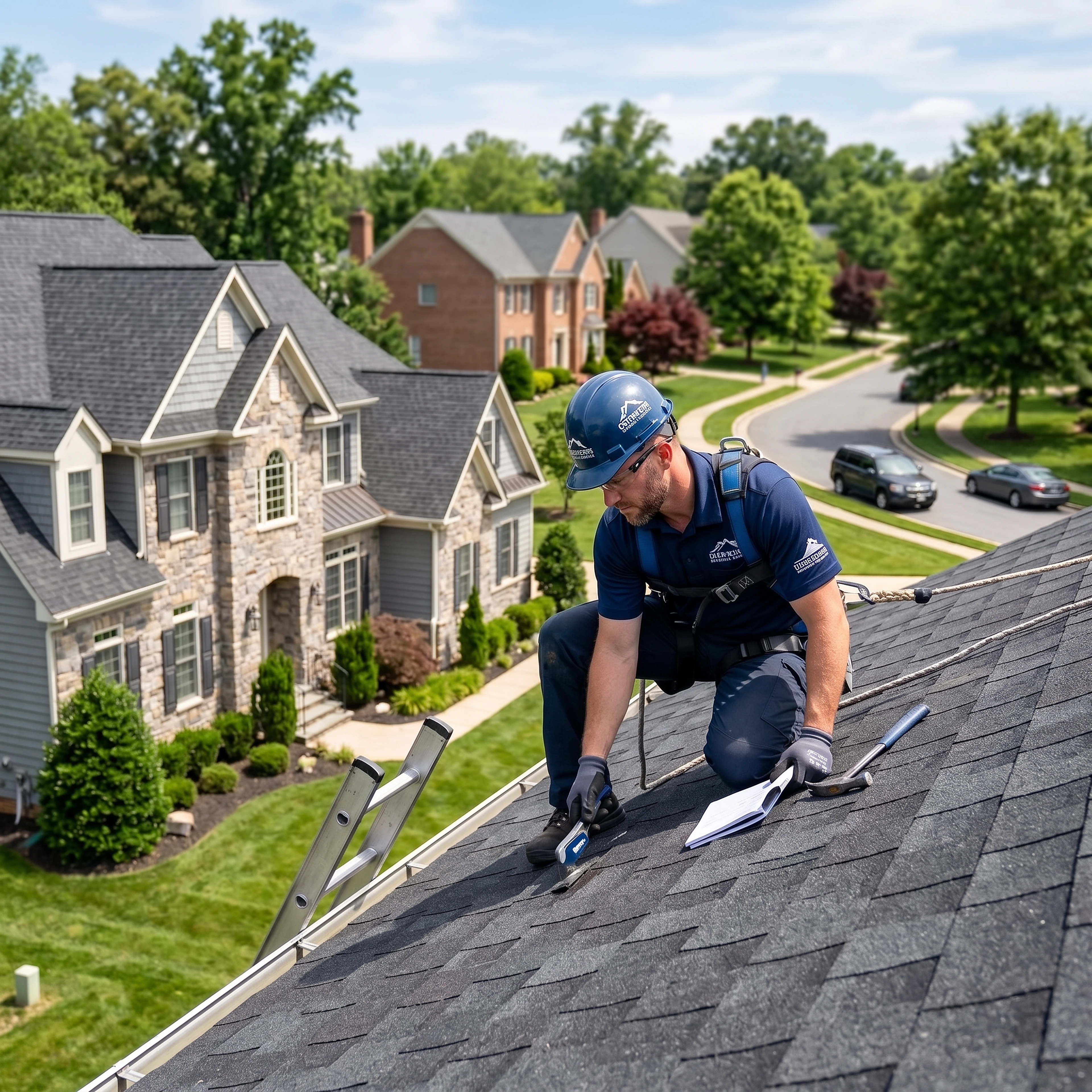 Roofer in a blue hard hat and safety harness kneeling on architectural shingles, documenting roof condition on a clipboard during an inspection